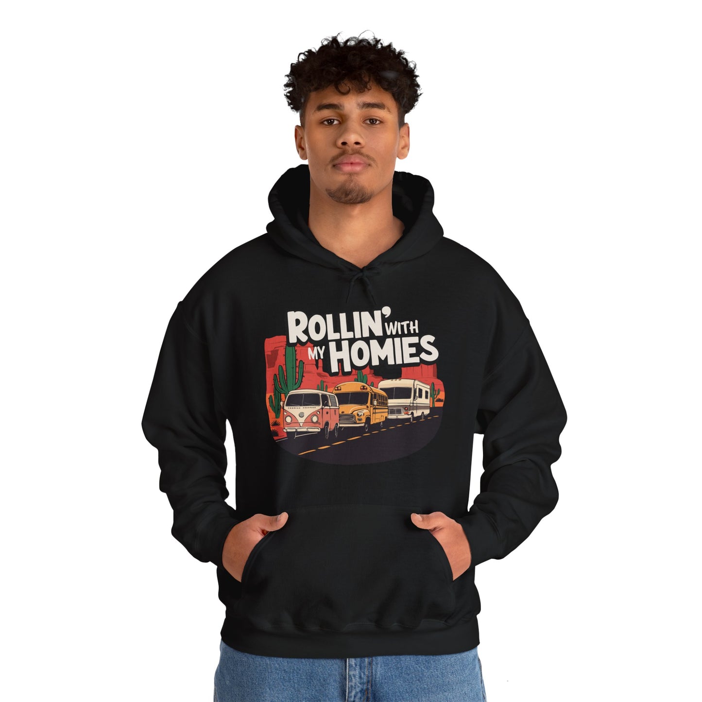 Rollin' With My Homies Hoodie Van Skoolie RV Vanlife Caravan in the Desert Black Long Sleeve Pullover Hoodies Hooded Sweatshirt