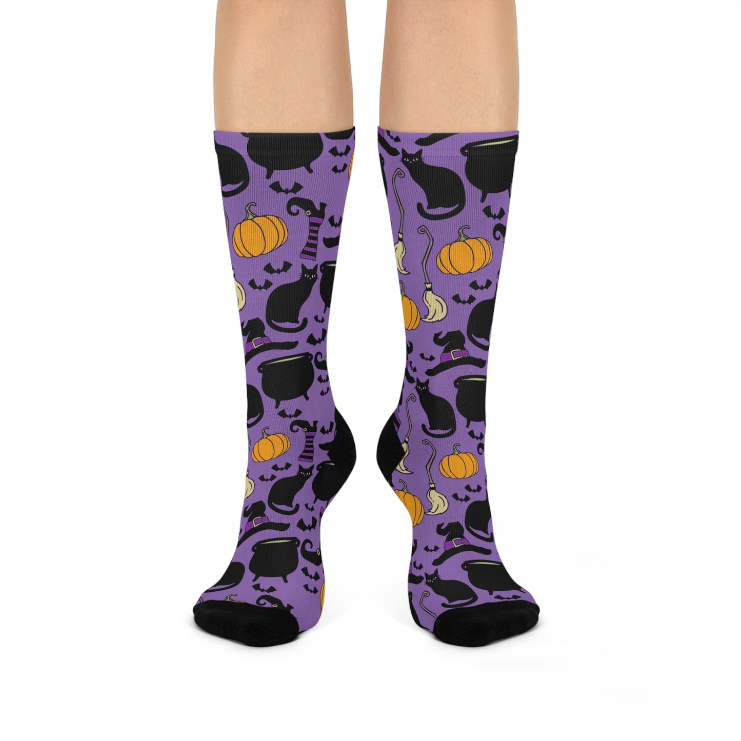 Witchy Things Halloween Cushioned Crew Socks with Witch Hats, Brooms, Black Cats, Pumpkins, Bats, Cauldrons