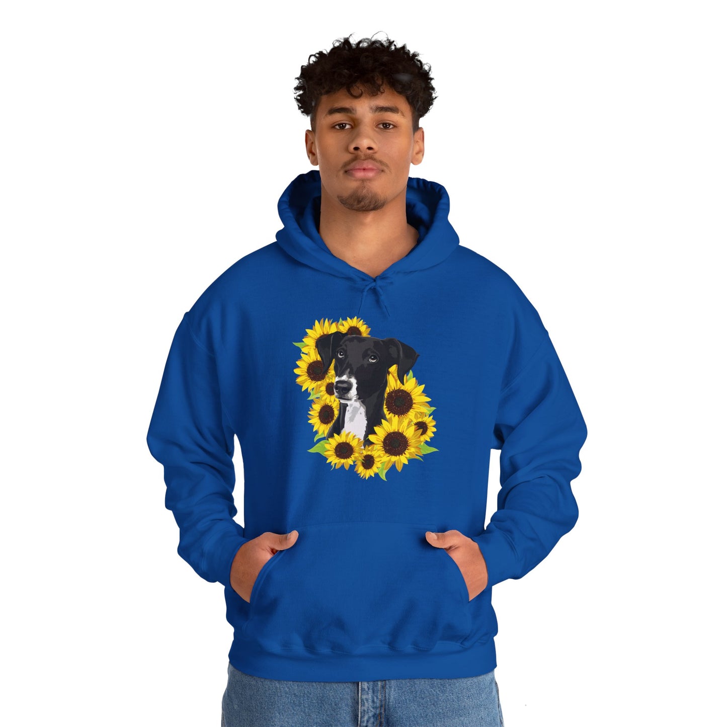 Marley Dog in Sunflowers Pullover Hoodie Hooded Sweatshirt with Black Lab Dog with Sunflower Art Print