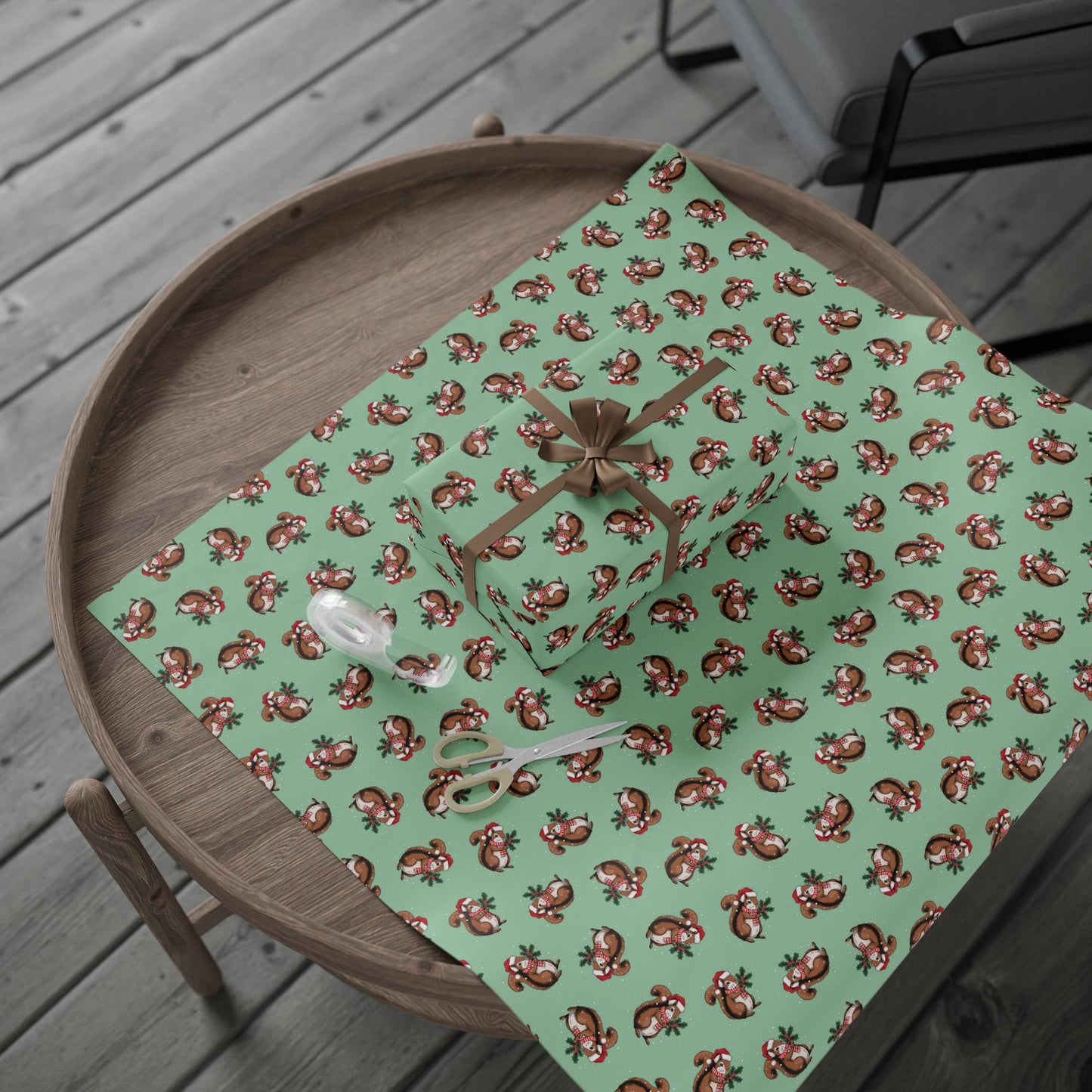 Squirrel Christmas Wrapping Paper, Festive Squirrels Print, Cheery Sage Green Holiday Gift Wrap With Snowy Xmas Squirrel In Santa Hat