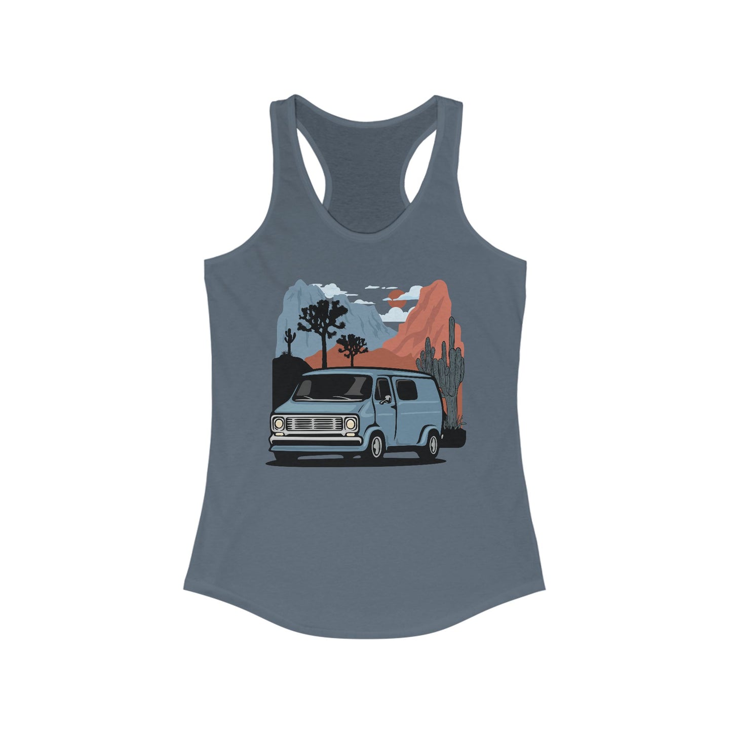 Arizona Desert Vanlife Camper Van Women's Racerback Tank Top - Ladies Sleeveless Shirt Retro Van in Joshua Tree & Cactus Landscape