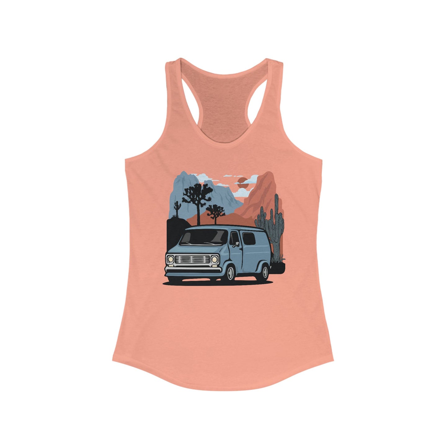 Arizona Desert Vanlife Camper Van Women's Racerback Tank Top - Ladies Sleeveless Shirt Retro Van in Joshua Tree & Cactus Landscape