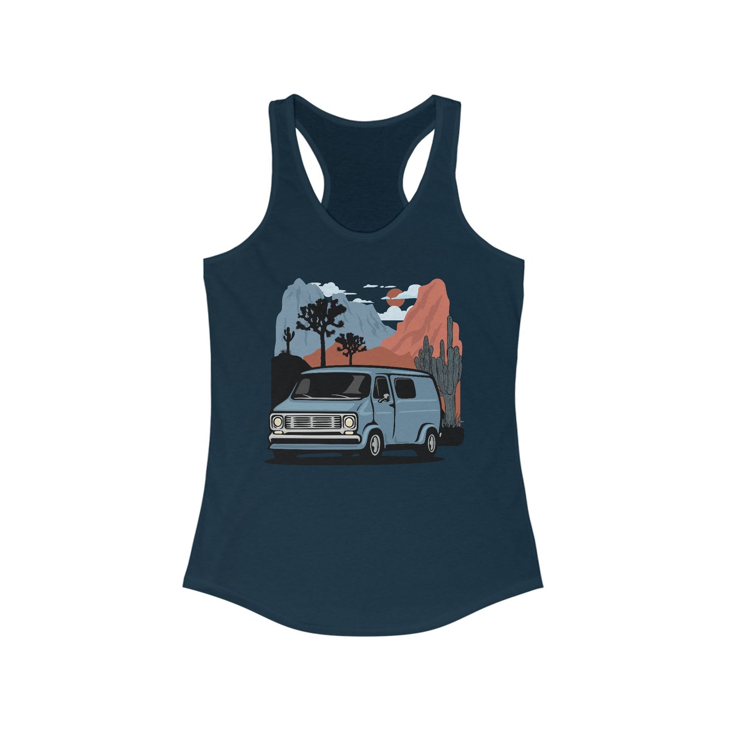 Arizona Desert Vanlife Camper Van Women's Racerback Tank Top - Ladies Sleeveless Shirt Retro Van in Joshua Tree & Cactus Landscape