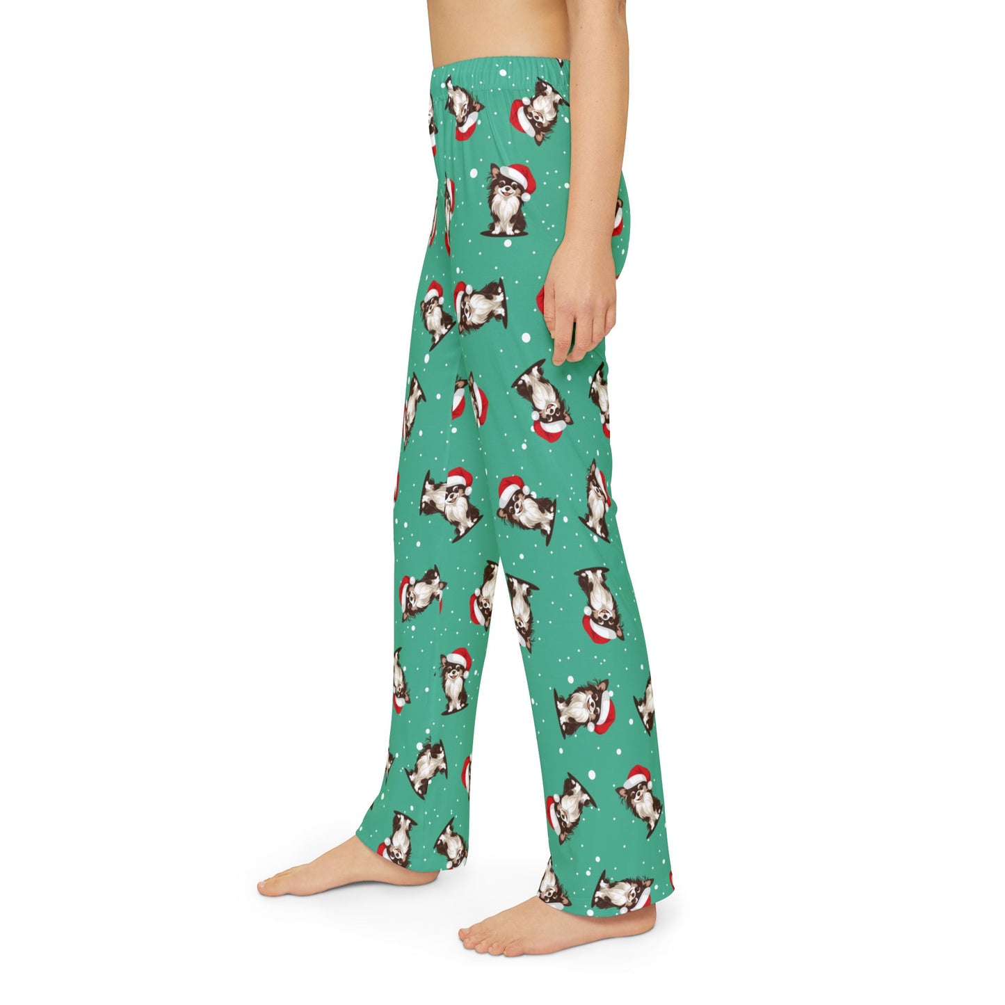 Kid's Christmas Long Haired Chihuahua Dog Pajama Pants, Holiday Xmas Santa Dogs Children's Pajamas, Boys Girls Winter Pajama Bottoms