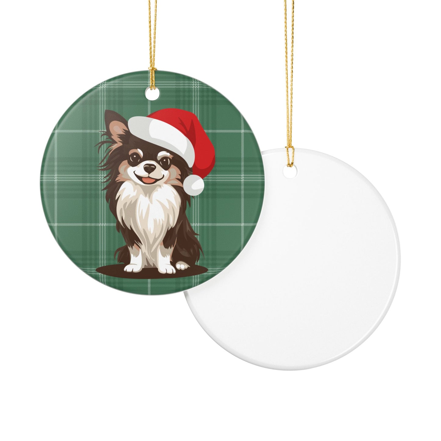 Santa Long Haired Chihuahua Dog Christmas Tree Ornament, Xmas Dogs Holiday Decorations, Pet Lover Gift, Red Plaid Ceramic Ornaments