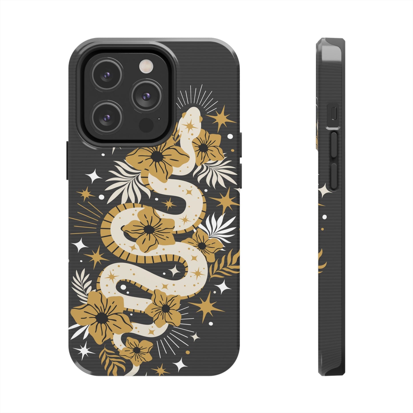 Mystic Snake Cell Phone Case, Black Tough Cases, Protective Floral Golden Serpent Boho Design