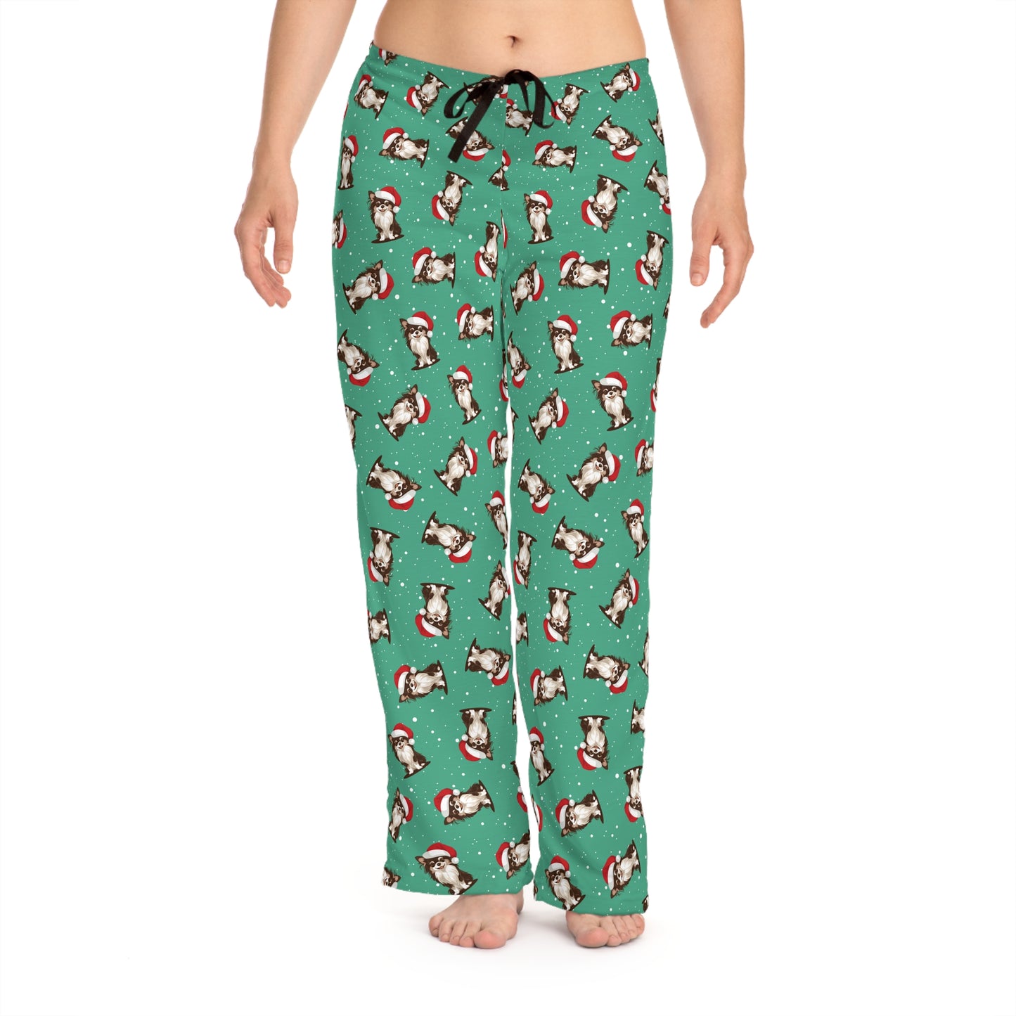 Christmas Long Haired Chihuahua Dog Women's Pajama Pants, Holiday Xmas Dogs In Santa Hat Drawstring Pajamas, Winter Pajama Bottoms