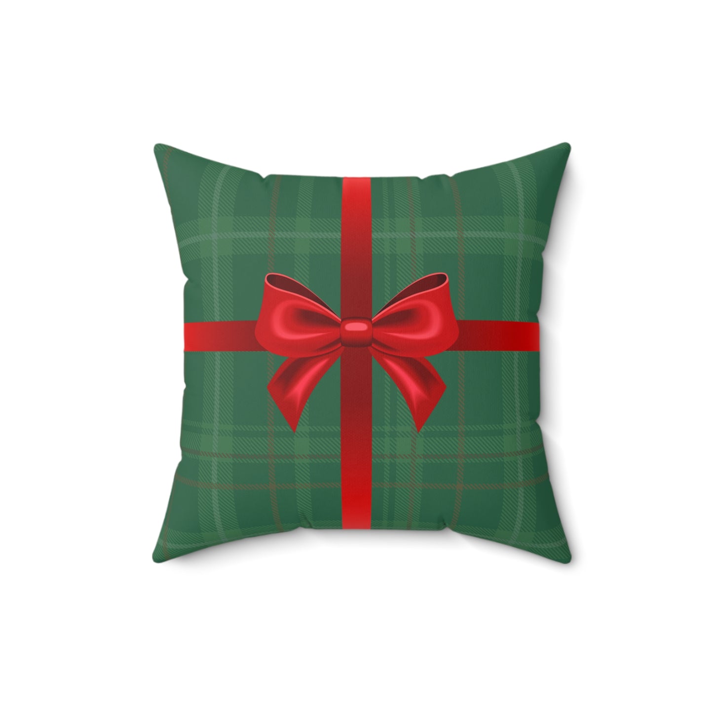 Holiday Gift Throw Pillow, Red Bow on Green Plaid Wrapped Present Pillows, Christmas Home Decor Xmas Decorations, Square Cushion and Cover