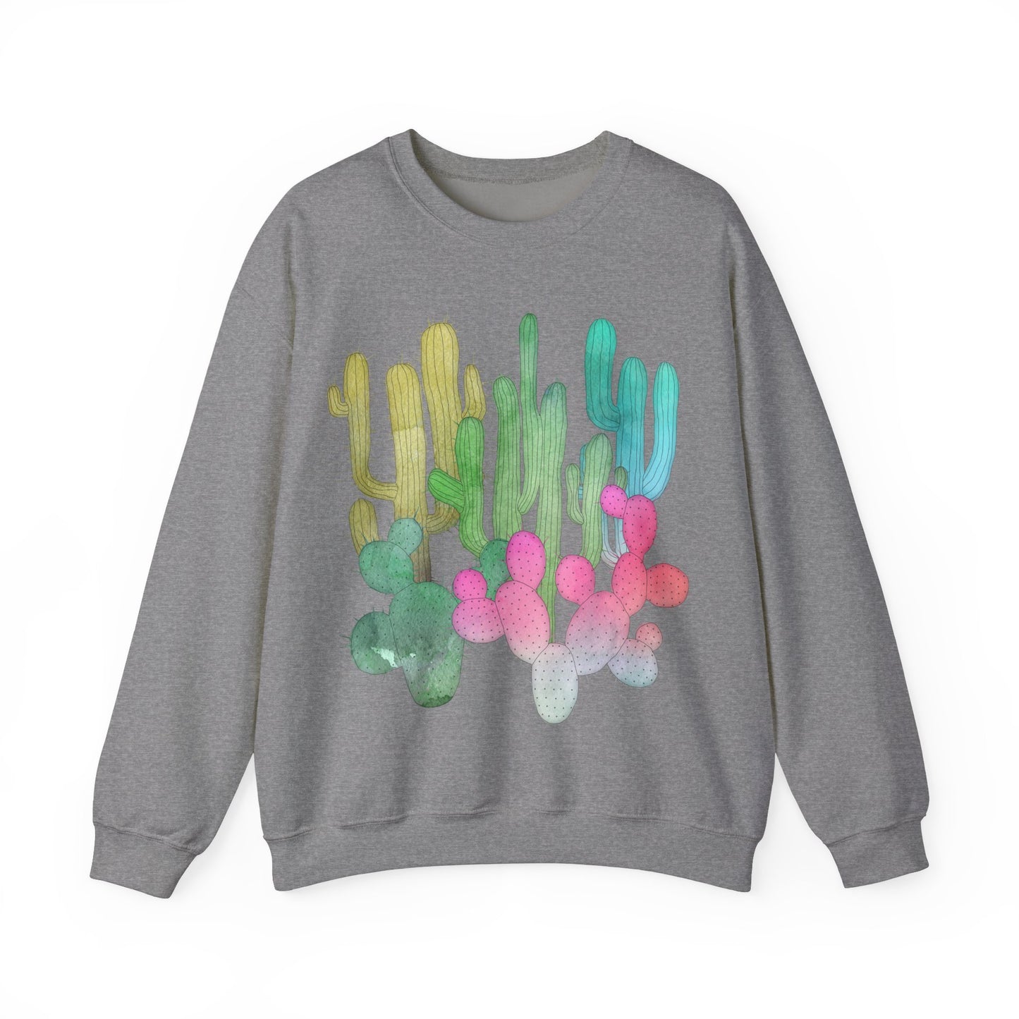 Cactus Garden Arizona Desert Crewneck Pullover Sweatshirt Colorful Saguaro Cactus Print