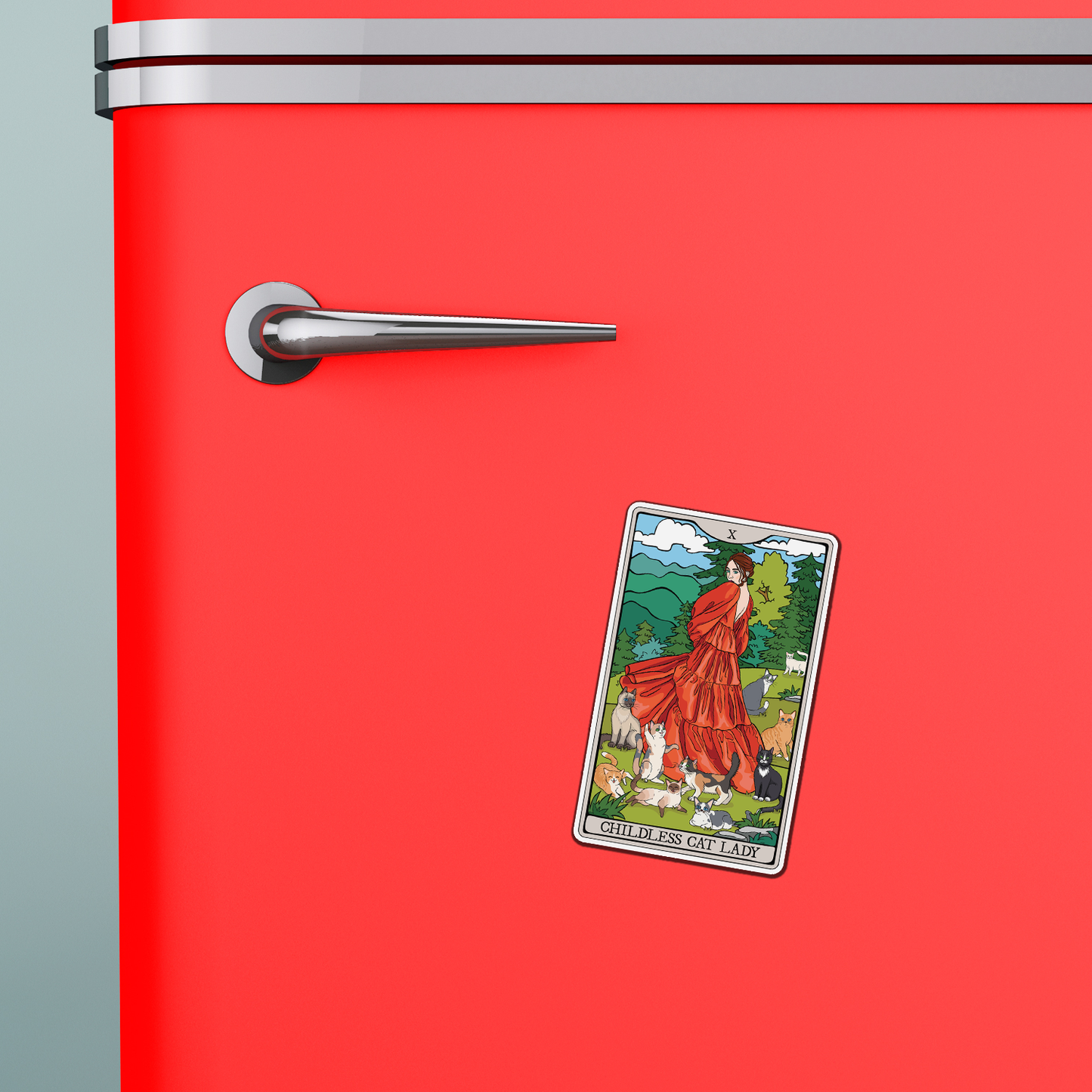 Childless Cat Lady Tarot Card Magnet - 4" Cat Ladies Vinyl Fridge Magnets Indoor Outdoor, Child-Free Woman & Cats