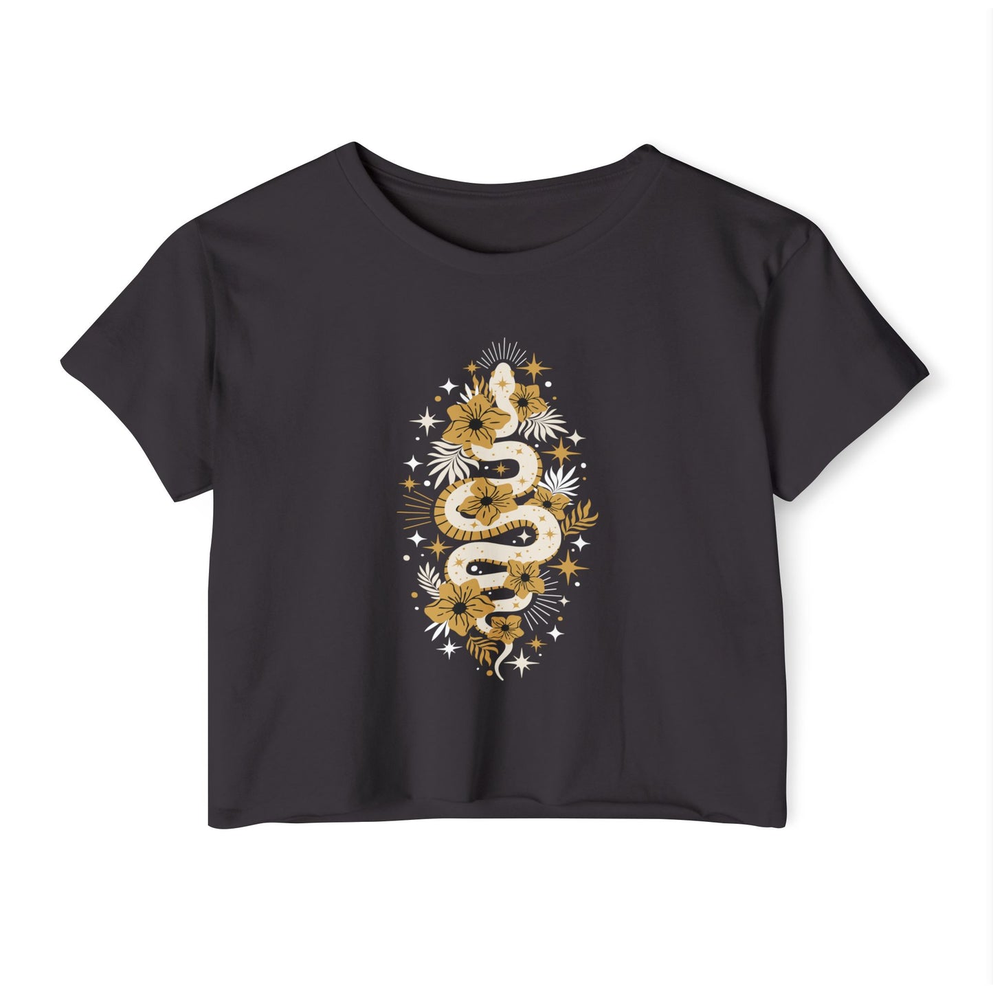 Mystic Golden Snake Women's Boho Crop Top, Festival T-shirt, Bohemian Serpent Shirt, Hippie Tee, Occult Cropped Shirt, Festival Clothing