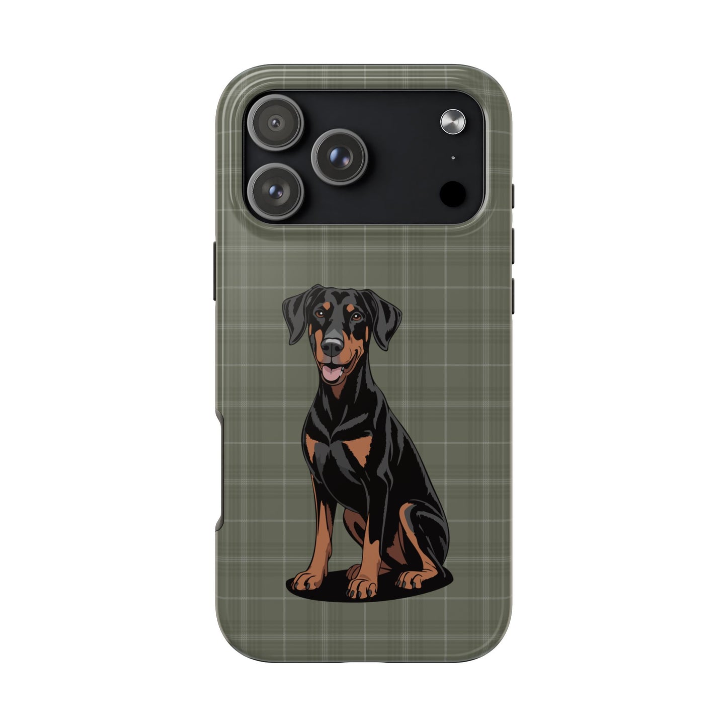 Doberman Pinscher Dog Phone Case, Tough Phone Cases Pet Dogs Green Plaid Pattern