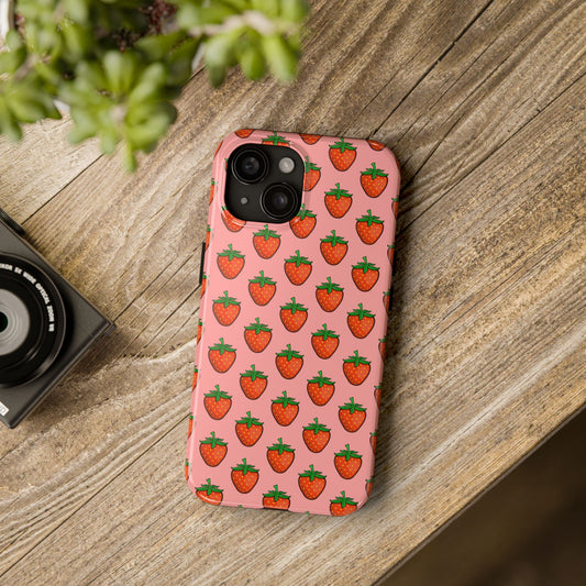 Strawberry Pattern Tough Phone Case, Cute Pink Berry Fruit Strawberries Design Cell Phone Cases