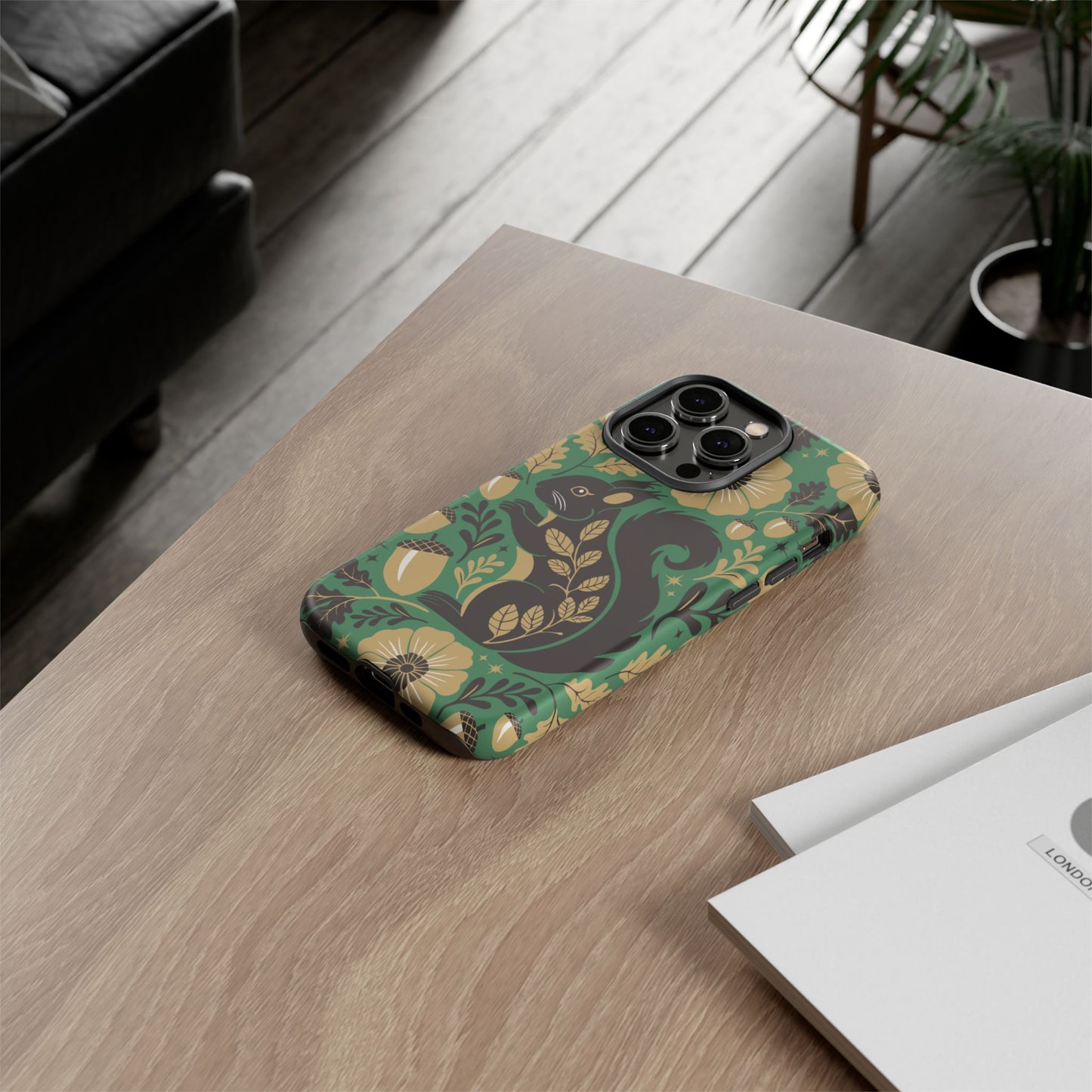 Green Squirrel Floral Pattern Cell Phone Case | Botanical Folk Art Acorn Leaves Design, Iphone Google Pixel Samsung Cases Matte Finish