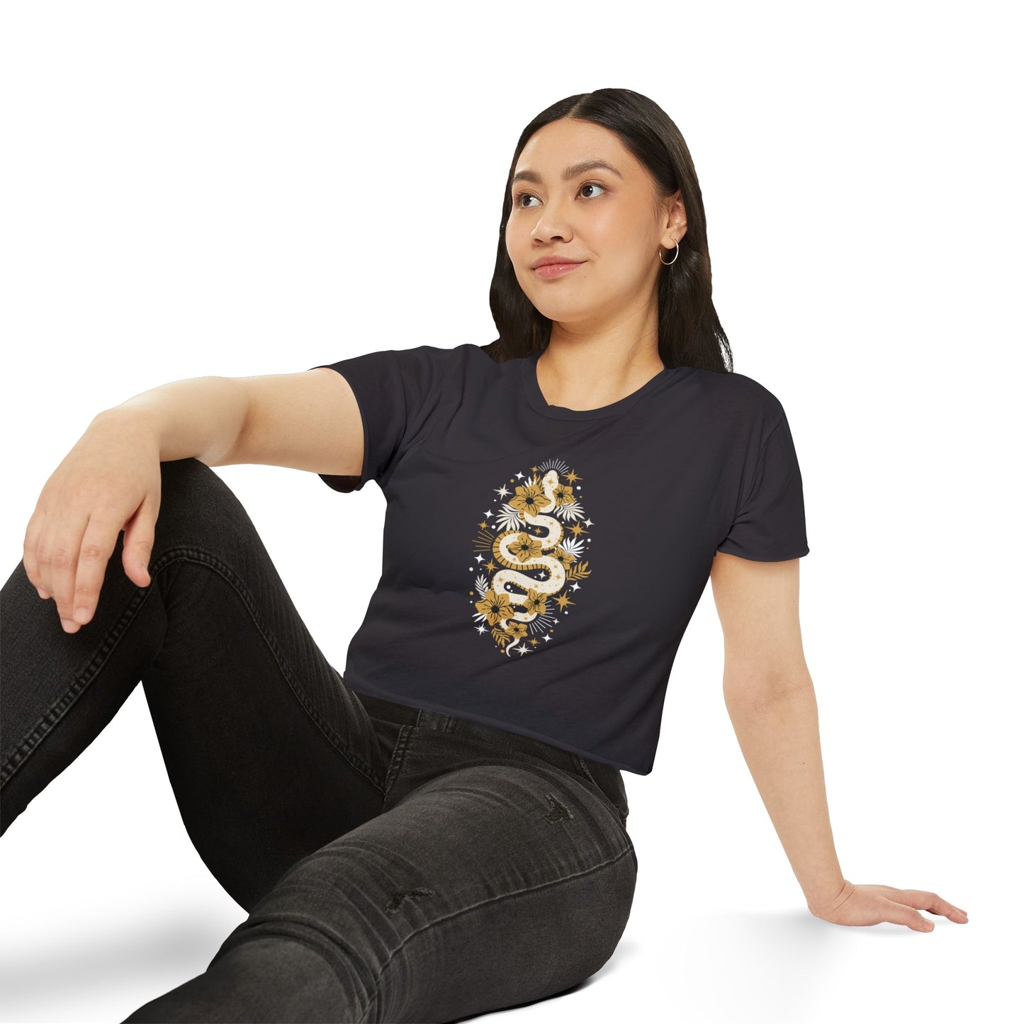 Mystic Golden Snake Women's Boho Crop Top, Festival T-shirt, Bohemian Serpent Shirt, Hippie Tee, Occult Cropped Shirt, Festival Clothing