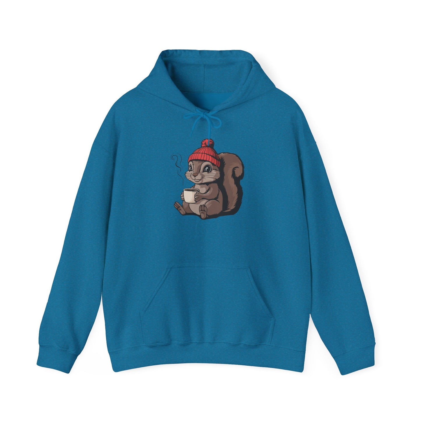 Cozy Squirrel  Pullover Hoodie Unisex Heavy Blend Hooded Sweatshirt with Squirrel in Beanie with Cup Of Coffee Graphic Print