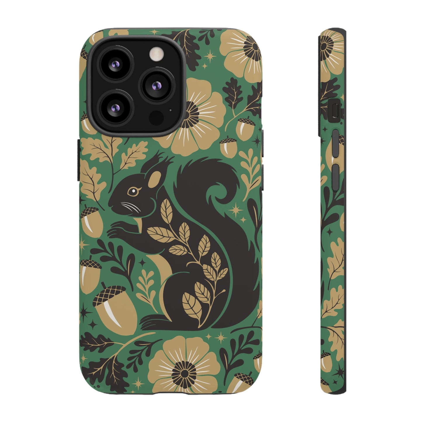 Green Squirrel Floral Pattern Cell Phone Case | Botanical Folk Art Acorn Leaves Design, Iphone Google Pixel Samsung Cases Matte Finish