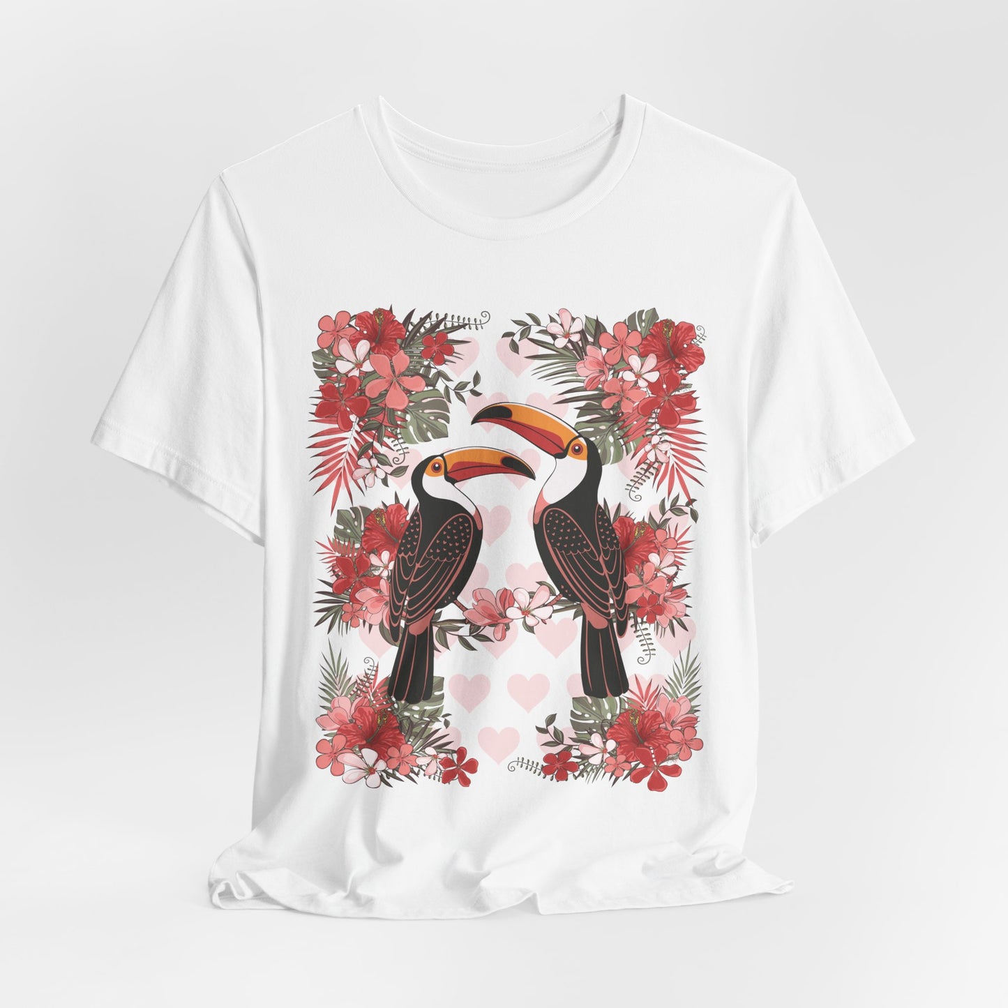 Toucan Tropical Love Birds T-shirt, Casual Summer Shirt, Gift for Bird Lovers, Vacation Wear, Floral Nature Inspired Tee