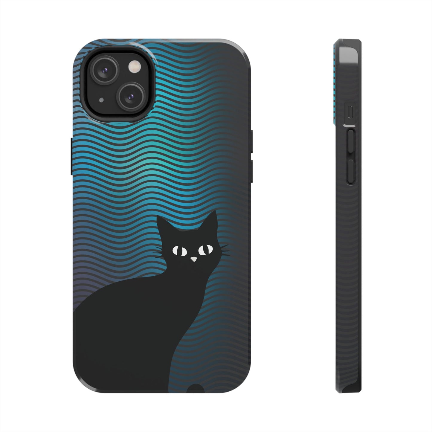 Black Cat Cell Phone Case | Peeking Kitty Graphic on Wavy Teal Background