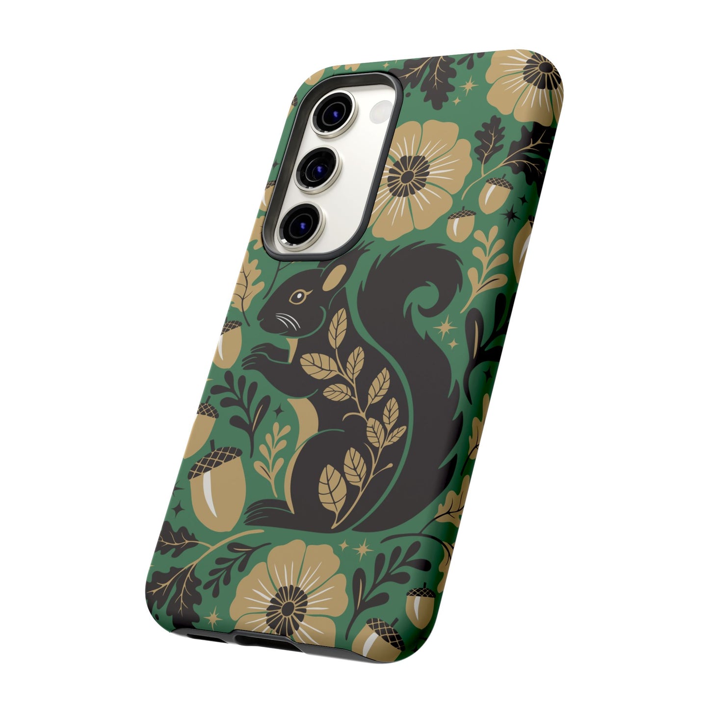 Green Squirrel Floral Pattern Cell Phone Case | Botanical Folk Art Acorn Leaves Design, Iphone Google Pixel Samsung Cases Matte Finish