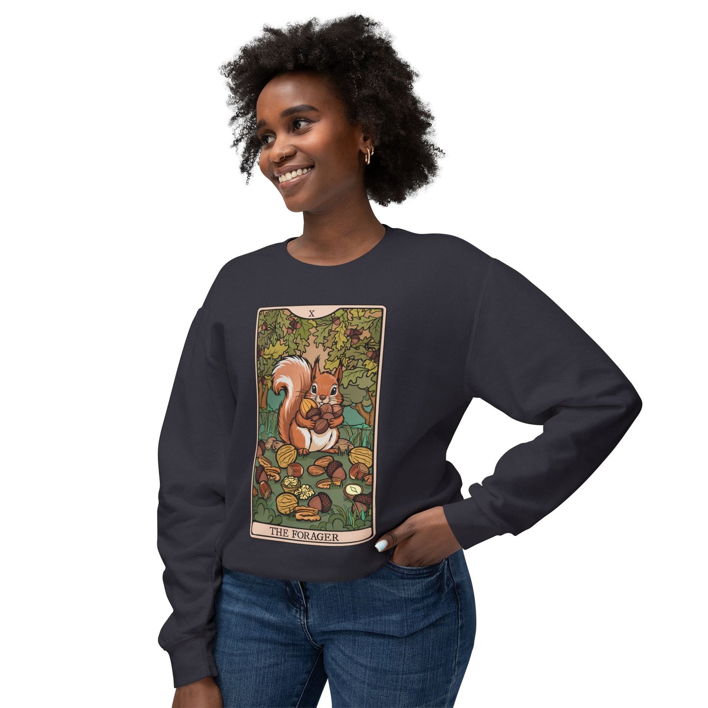 The Forager Squirrel Crewneck Sweatshirt | Autumn Woodland Tarot Card Squirrels and Nuts Illustration, Fall Lightweight Sweatshirts
