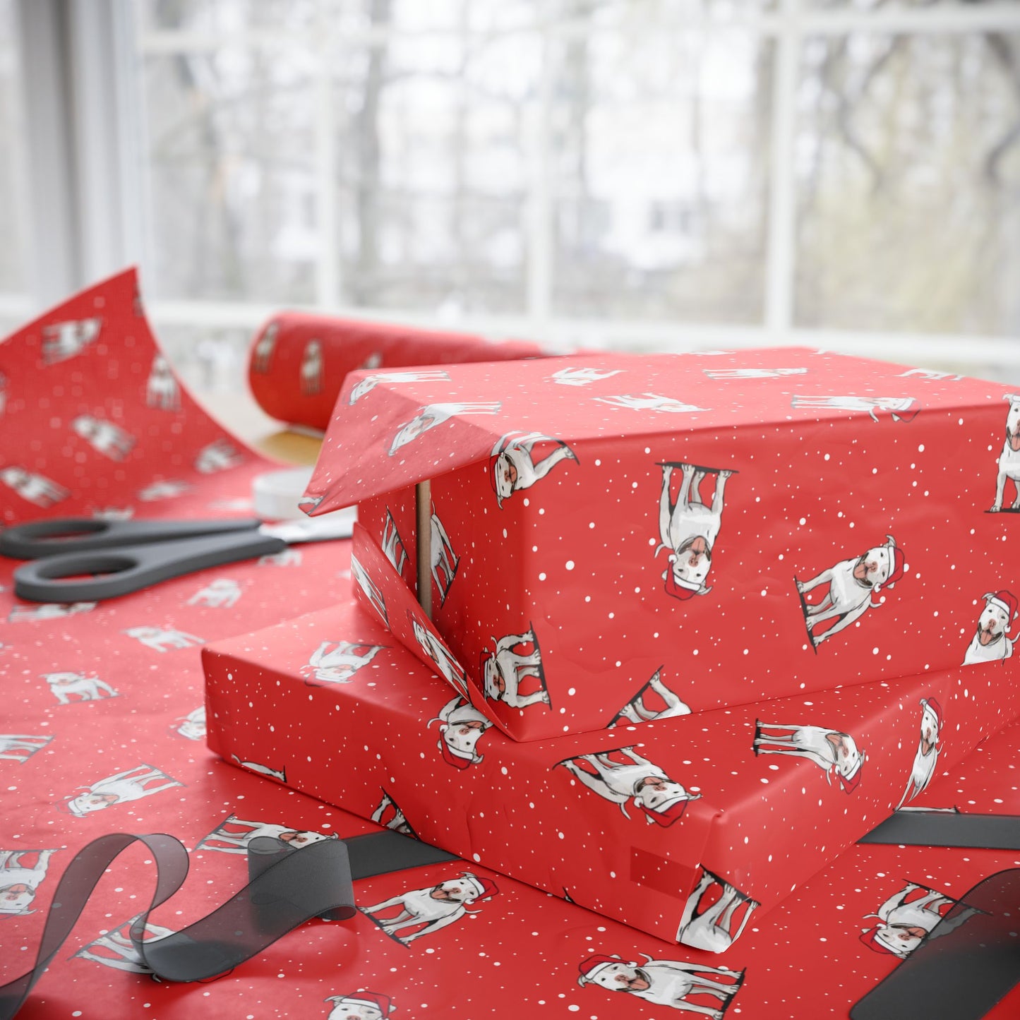 Christmas Pitbull Wrapping Paper - Holiday Gift Wrap Papers, Pit Bull Terrier Dog Owner Gifting Supplies, Santa Pittie Dogs Red Pattern