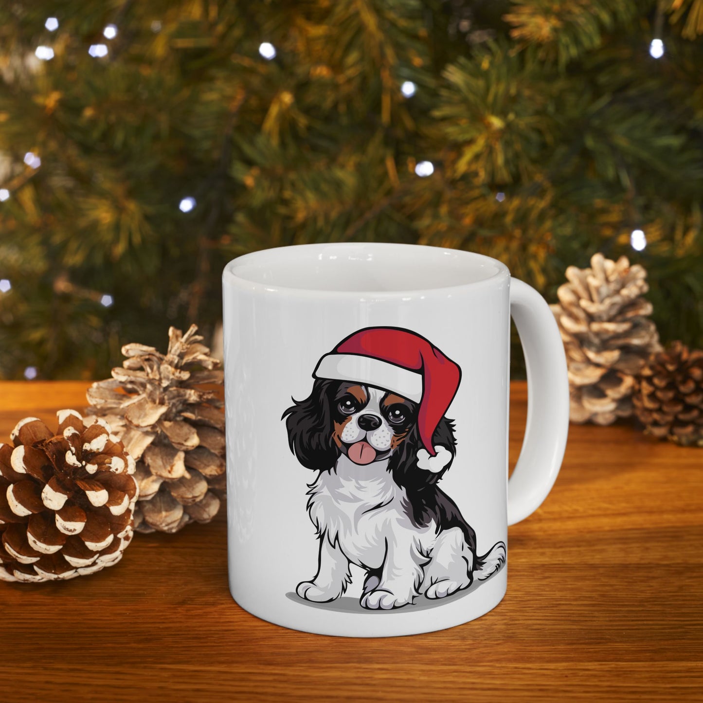 Christmas Cavalier King Charles Spaniel Dog Ceramic Mug, Holiday Xmas Santa Dogs Coffee Mug, Cute Snowy Winter Puppy Tea Mug