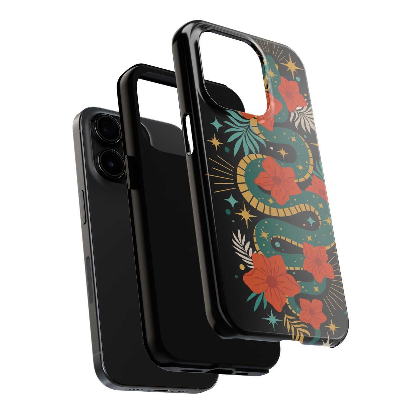 Mystic Snake Cell Phone Case, Black Tough Phone Cases Boho Serpent Snakes Floral Design