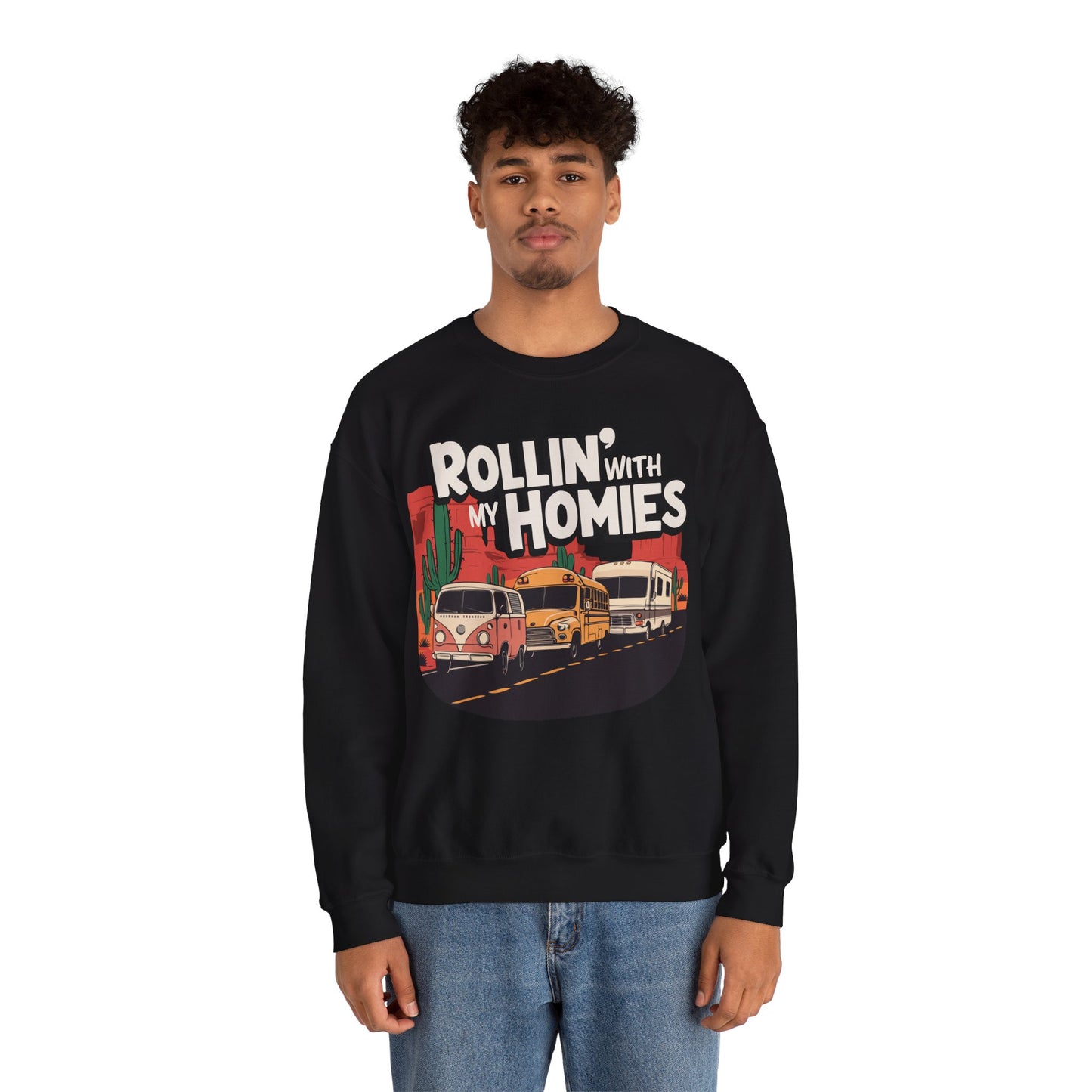 Rollin' With My Homies Sweatshirt Van Skoolie RV Vanlife Caravan in the Desert Black Long Sleeve Crewneck Sweatshirts Pullover Sweater