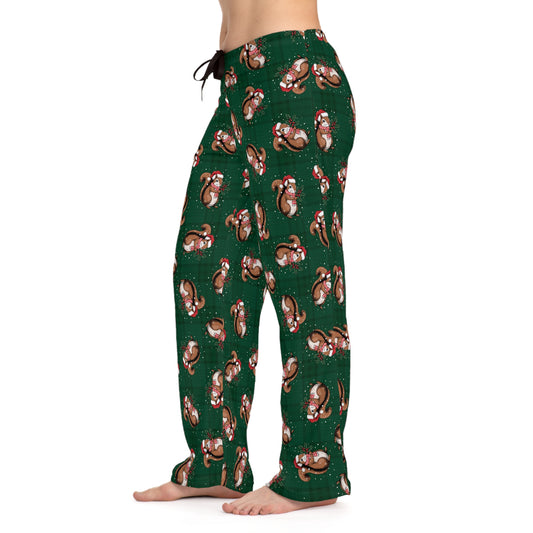 Christmas Squirrels Women's Christmas Pajama Pants, Santa Squirrel Plaid PJ Bottoms, Cozy Winter Loungewear, Matching Holiday Sleepwear