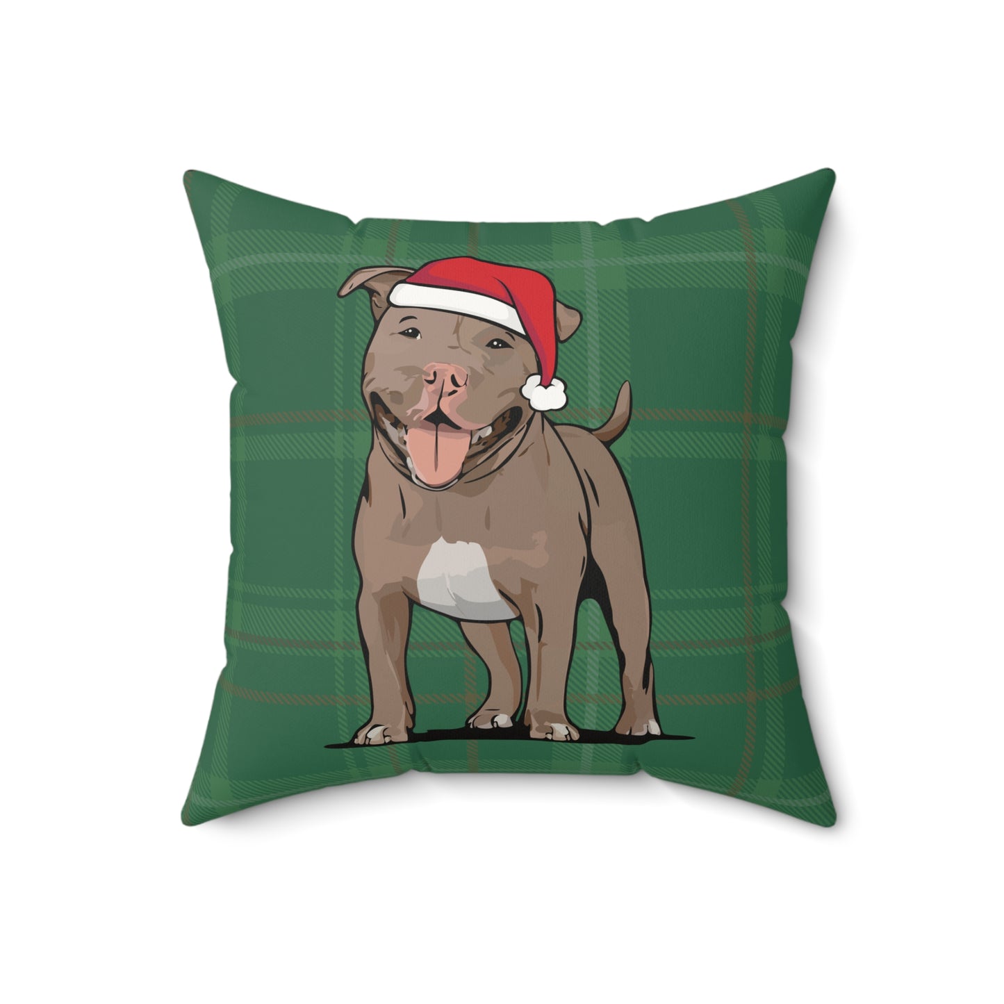 Christmas Pit Bull Dogs Throw Pillow, Brown Pitbull Terrier Dog Holiday Home Decor, Green Faux Suede Plaid Cushion Pillows, Xmas Decorations
