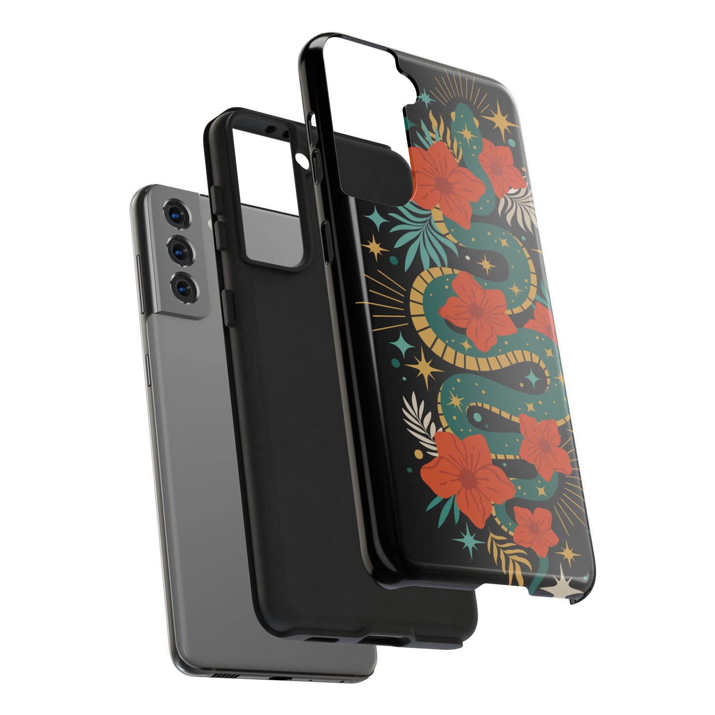 Mystic Snake Cell Phone Case, Black Tough Phone Cases Boho Serpent Snakes Floral Design