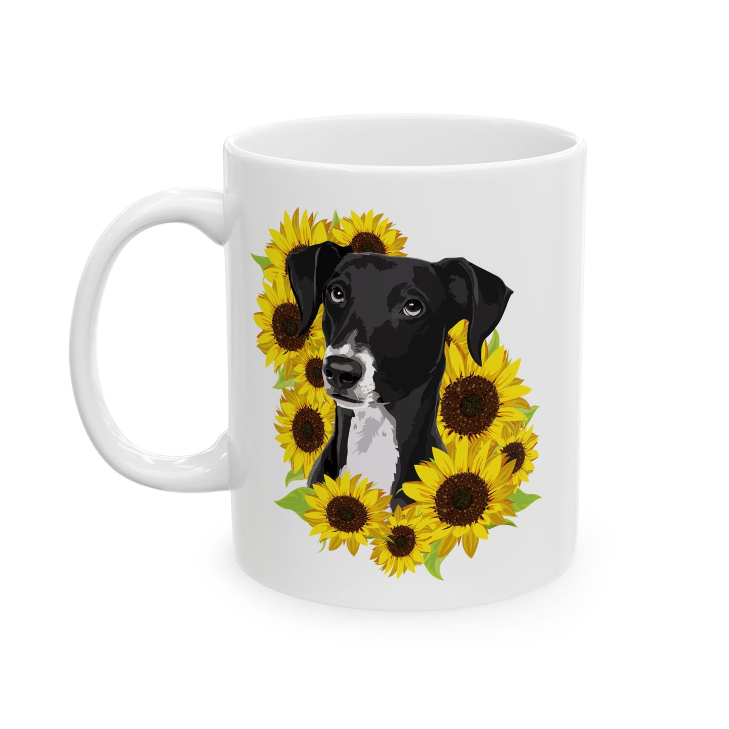 Marley Dog in Sunflowers Ceramic Coffee Mug 11oz - Black Lab Dog with Sunflower Art Print