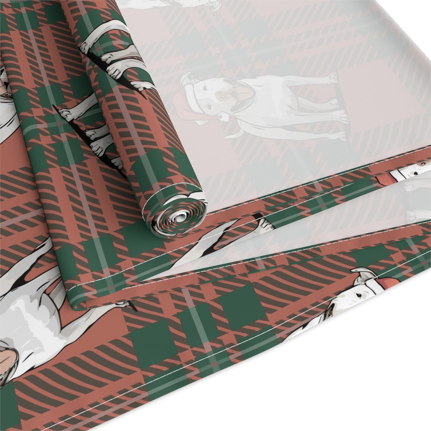 Festive American Pit Bull Terrier Dog Holiday Table Runner, Christmas Home Decor, Dining Tablecloth Linens, Plaid Table Setting Runners