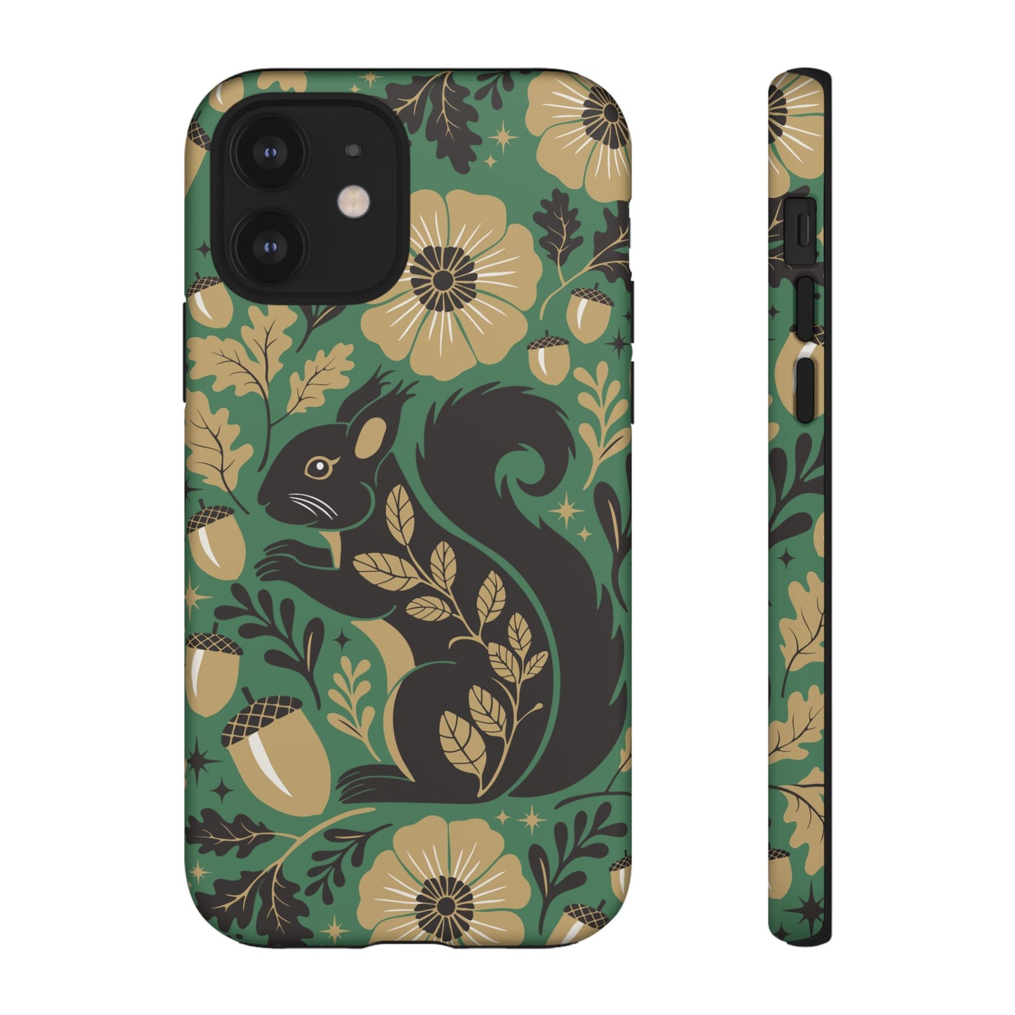 Green Squirrel Floral Pattern Cell Phone Case | Botanical Folk Art Acorn Leaves Design, Iphone Google Pixel Samsung Cases Matte Finish