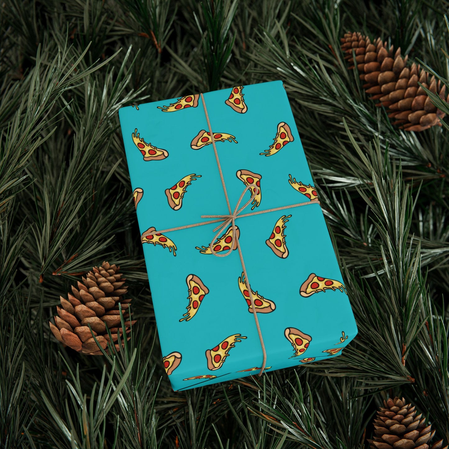 Pizza Slice Pattern Wrapping Paper, Turquoise Cheesy Pepperoni Pizzas Gift Wrap Roll, Fun Silly Novelty Birthday Holiday Gifts