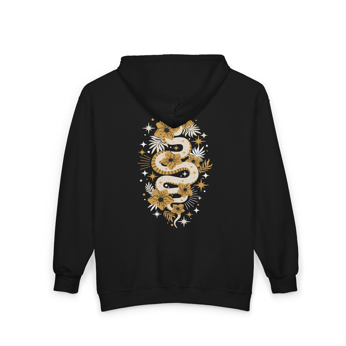 Mystic Gold Snake Black Zip Up Hoodie - Full Zip Hooded Sweatshirt Jacket, Boho Floral Serpent Design Zipper Hoodies Mens Womens Sweatshirts