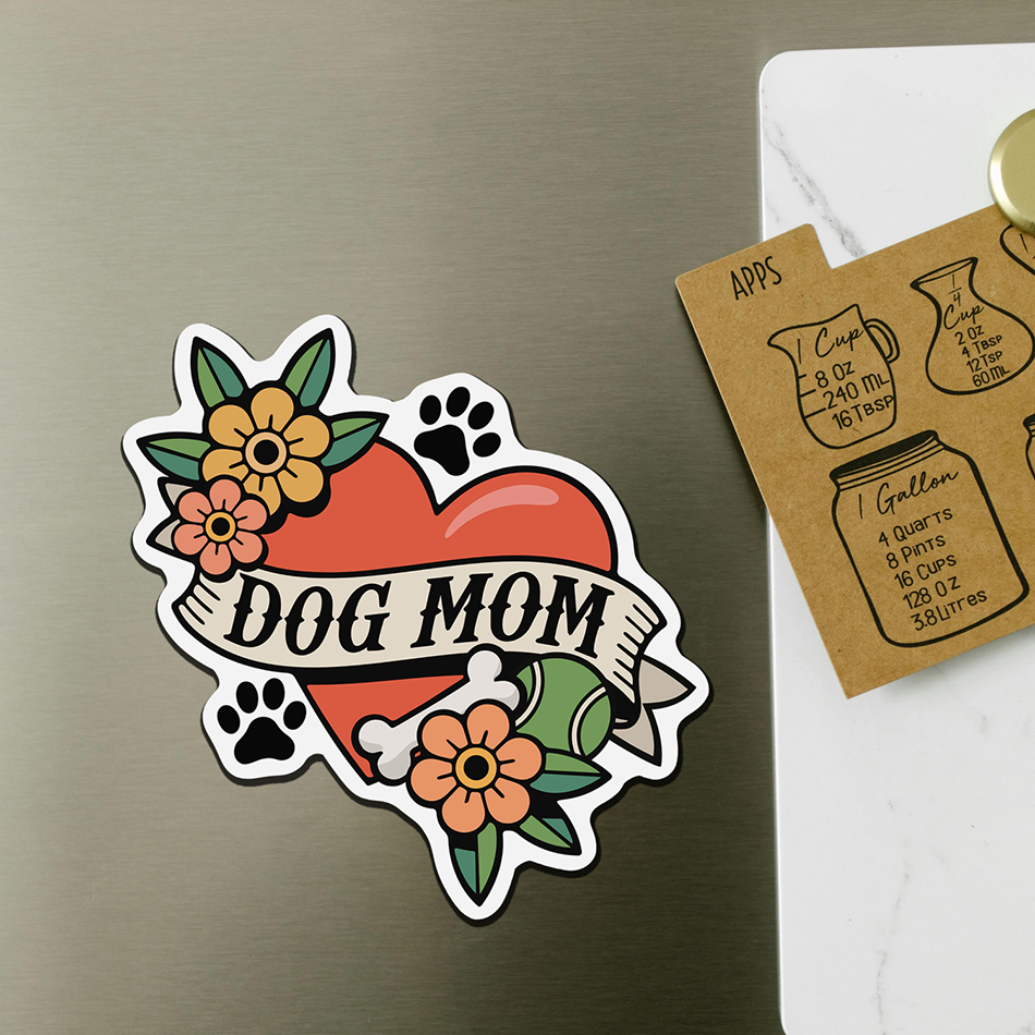 Dog Mom Heart Tattoo Magnet - 4" Furbaby Pet Parent Dog Ladies Vinyl Magnets Indoor Outdoor, Puppy Dogs Love Tattoos