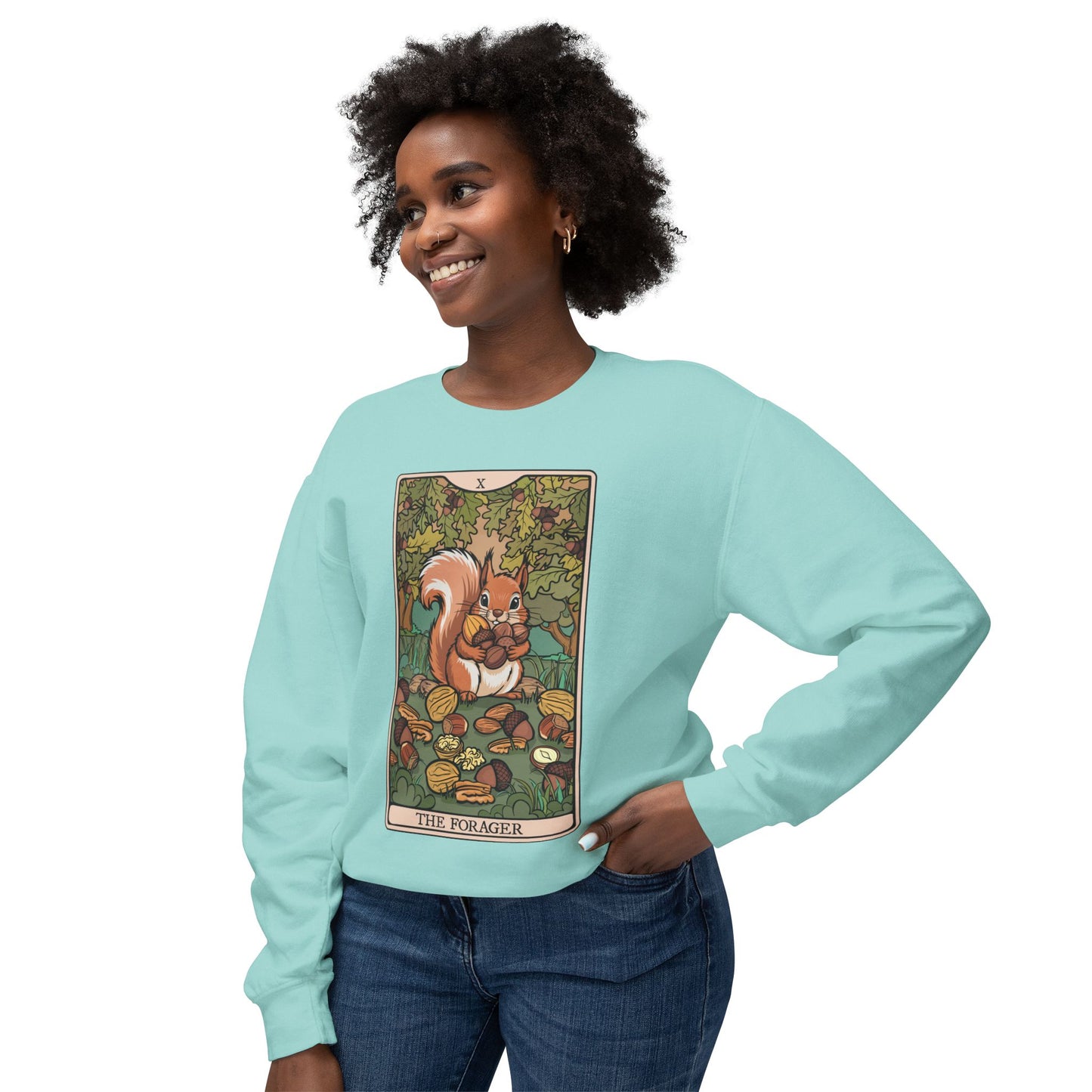 The Forager Squirrel Crewneck Sweatshirt | Autumn Woodland Tarot Card Squirrels and Nuts Illustration, Fall Lightweight Sweatshirts