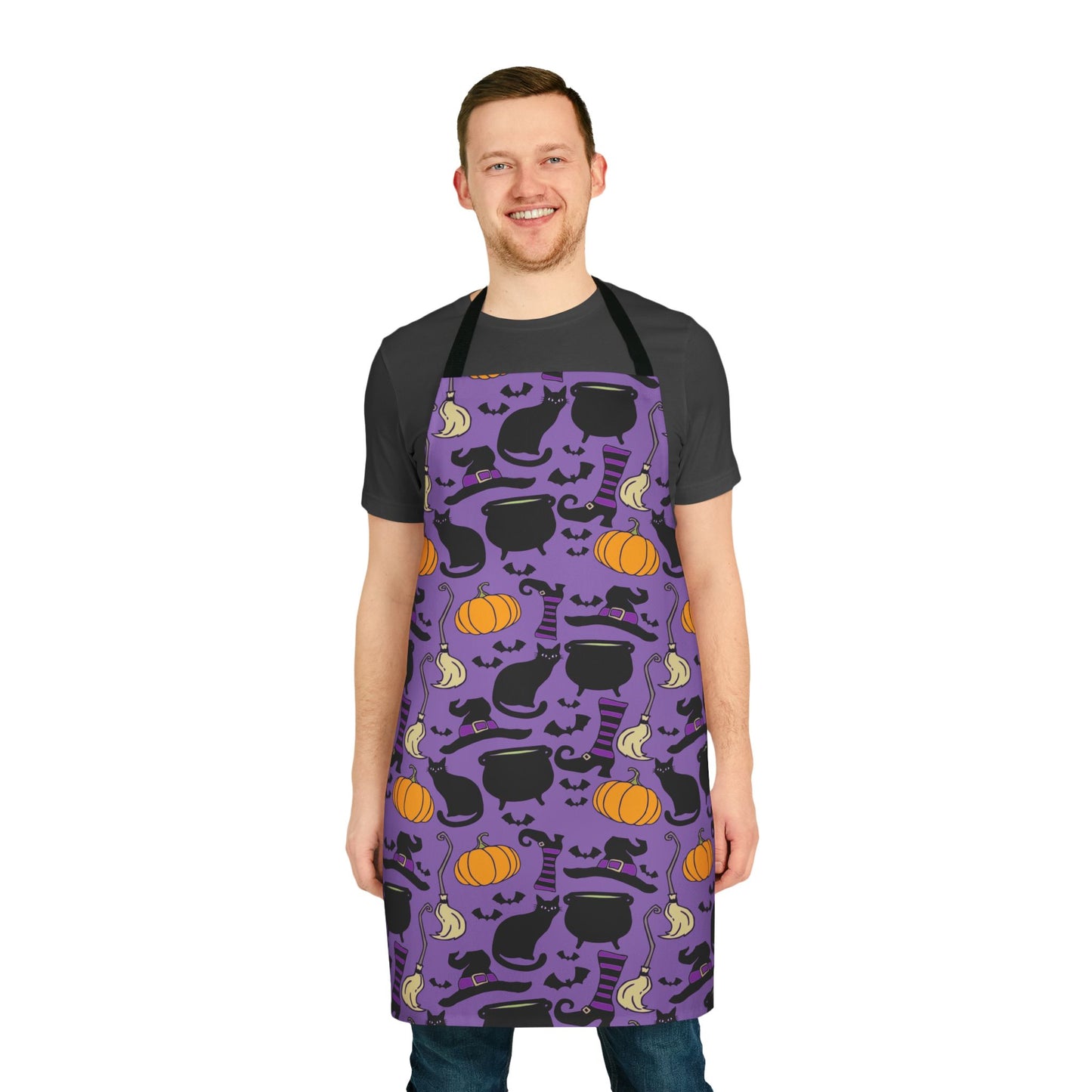 Witchy Things Halloween Kitchen Apron - Cooking Aprons with Spooky Witch Hats, Brooms, Black Cats, Pumpkins, Bats, Cauldrons