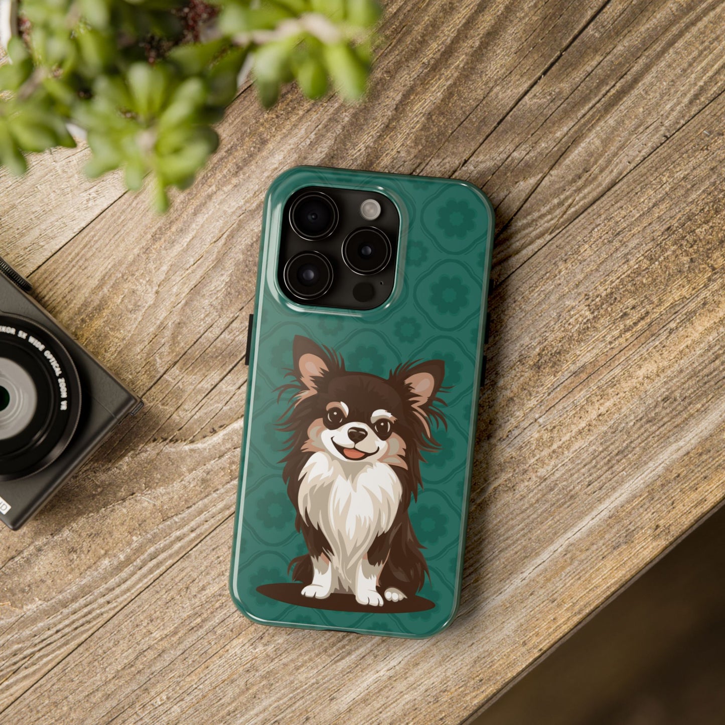 Long Haired Chihuahua Dog Phone Case, Tough Phone Cases Pet Dogs Teal Pattern
