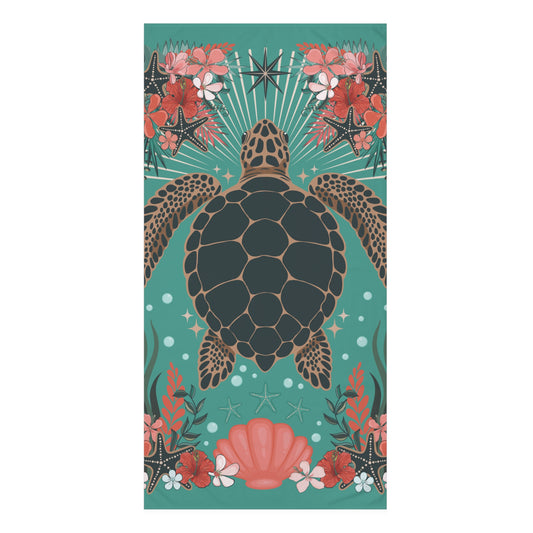 Sea Turtle Beach Towel, Tropical Floral Ocean Design Bath Towels Pool Accessories, Marine Life Turtles Seashell Print