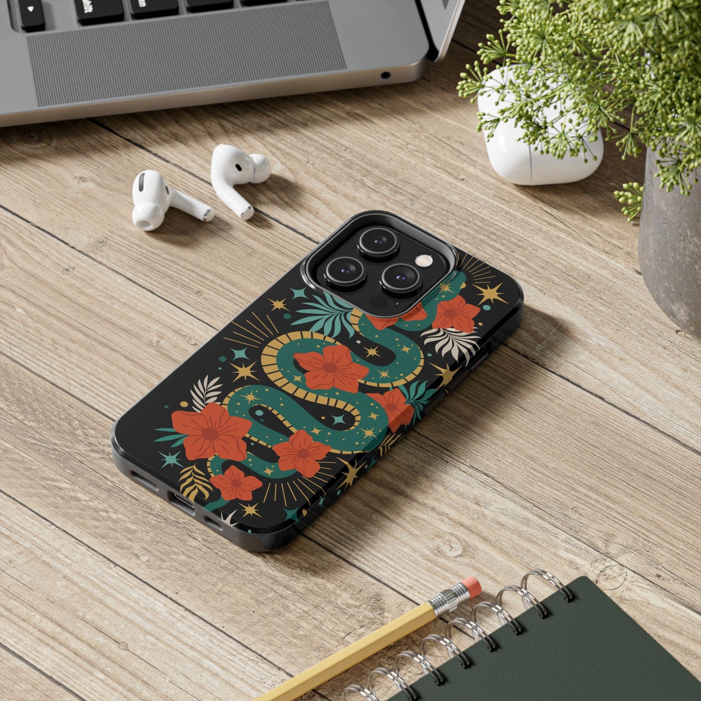 Mystic Snake Cell Phone Case, Black Tough Phone Cases Boho Serpent Snakes Floral Design