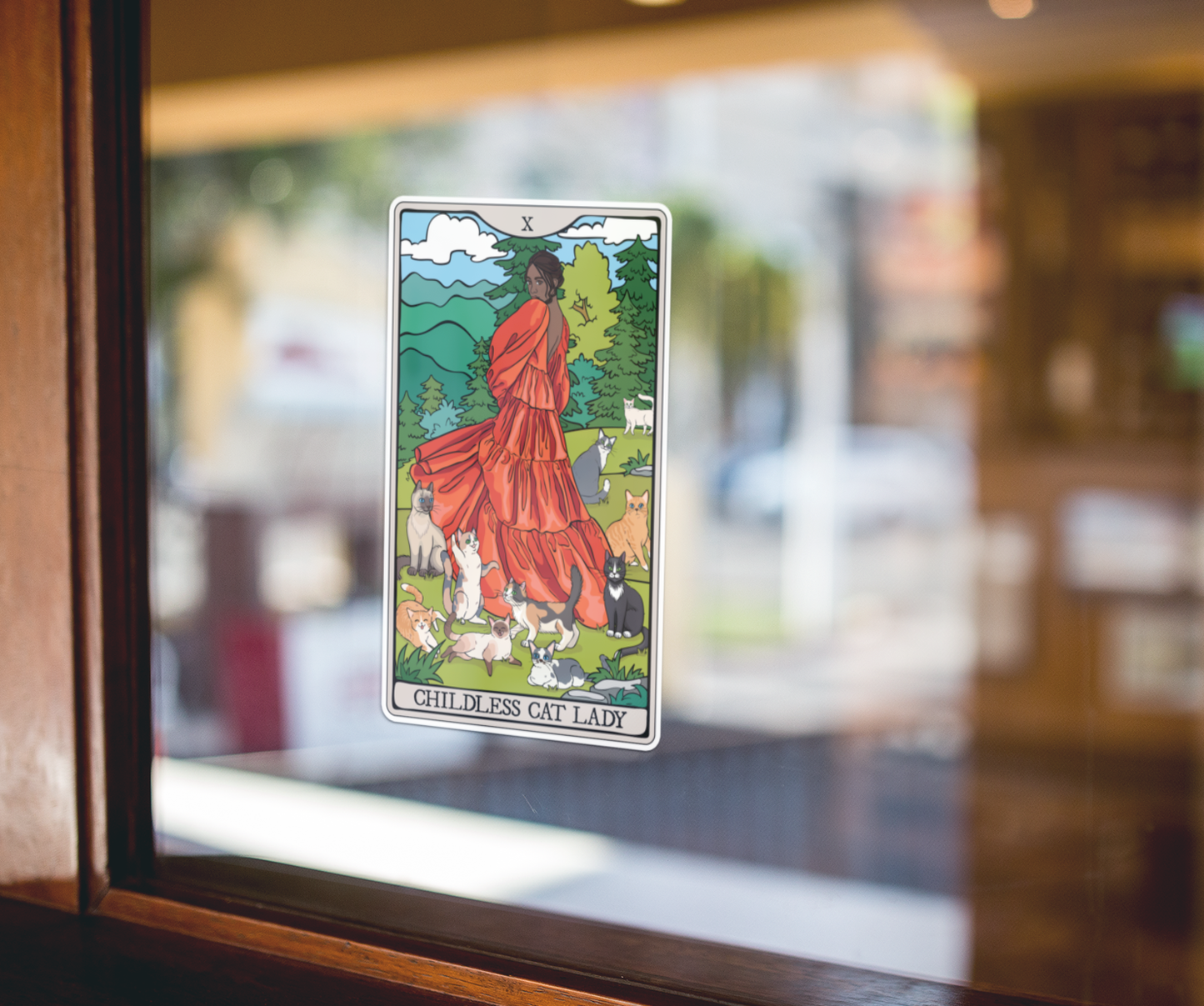 3.5" Childless Cat Lady Tarot Card Sticker - Waterproof, Fade-Resistant Decal Stickers Child-Free Woman and Cats Design