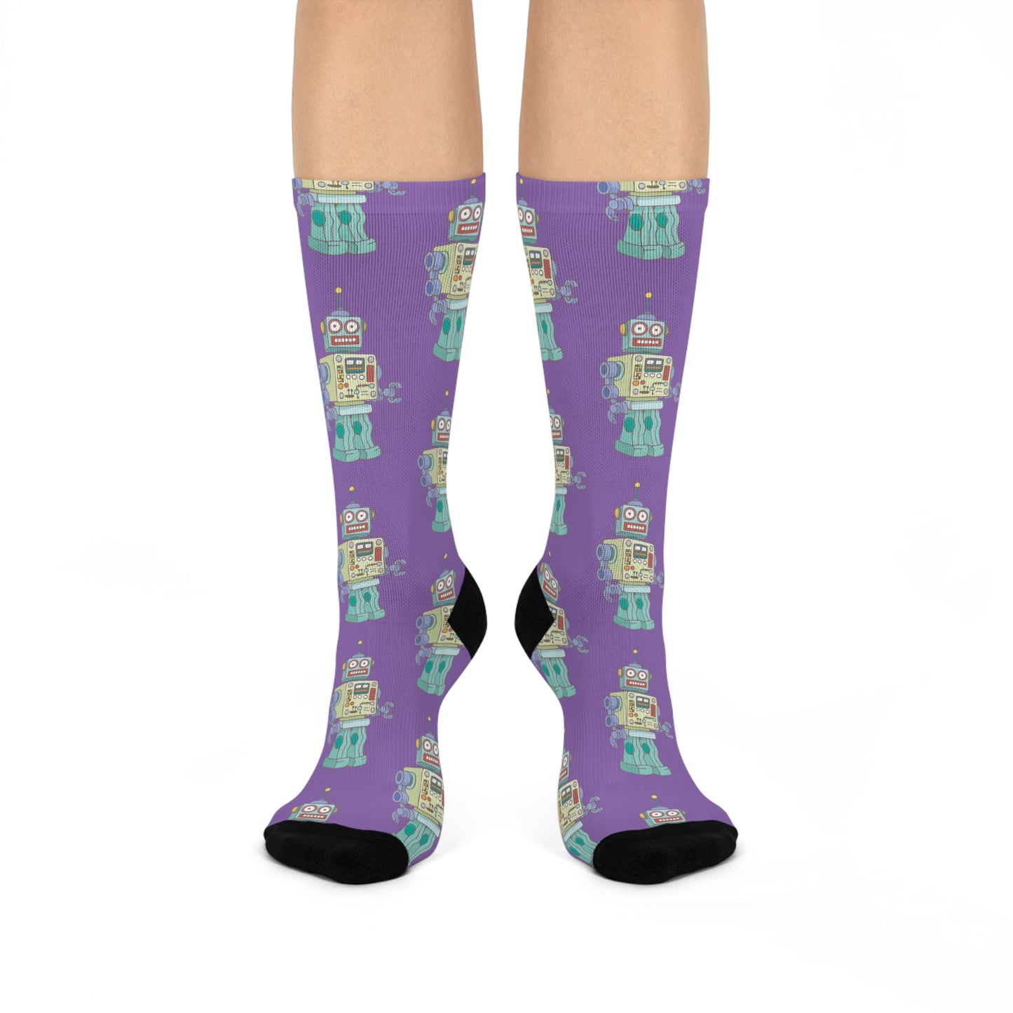 Robot Purple Cushioned Crew Socks with Robot Design Mens Womens Socks