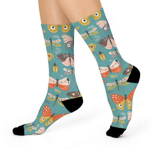 Flutter Frolic Moth, Butterfly, Dragonfly Cushioned Crew Socks Unisex Mens Womens Bug Pattern Moths Design Socks