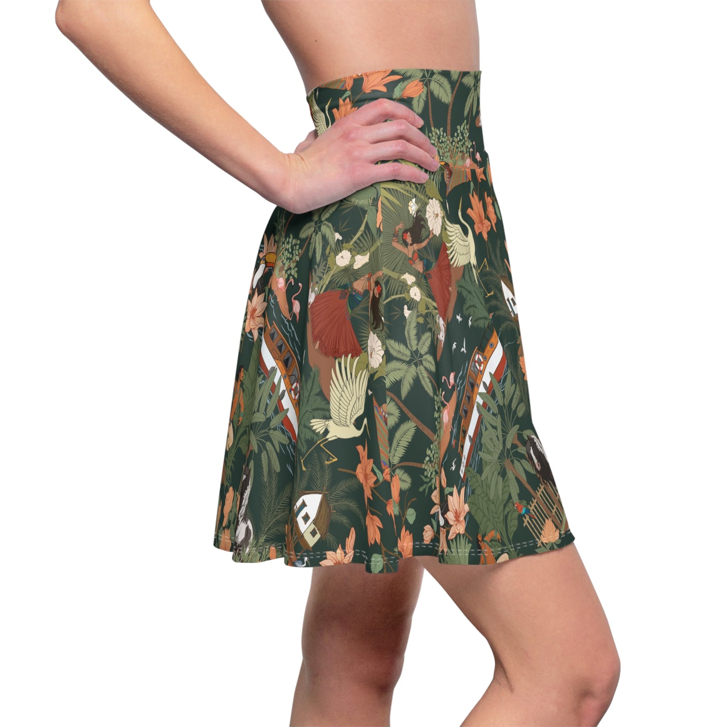 Tropical Nomad Bird & Floral Print Skater Skirt | Womens Jungle Botanical Pattern Summer Vacation Outfit Flared Skirts