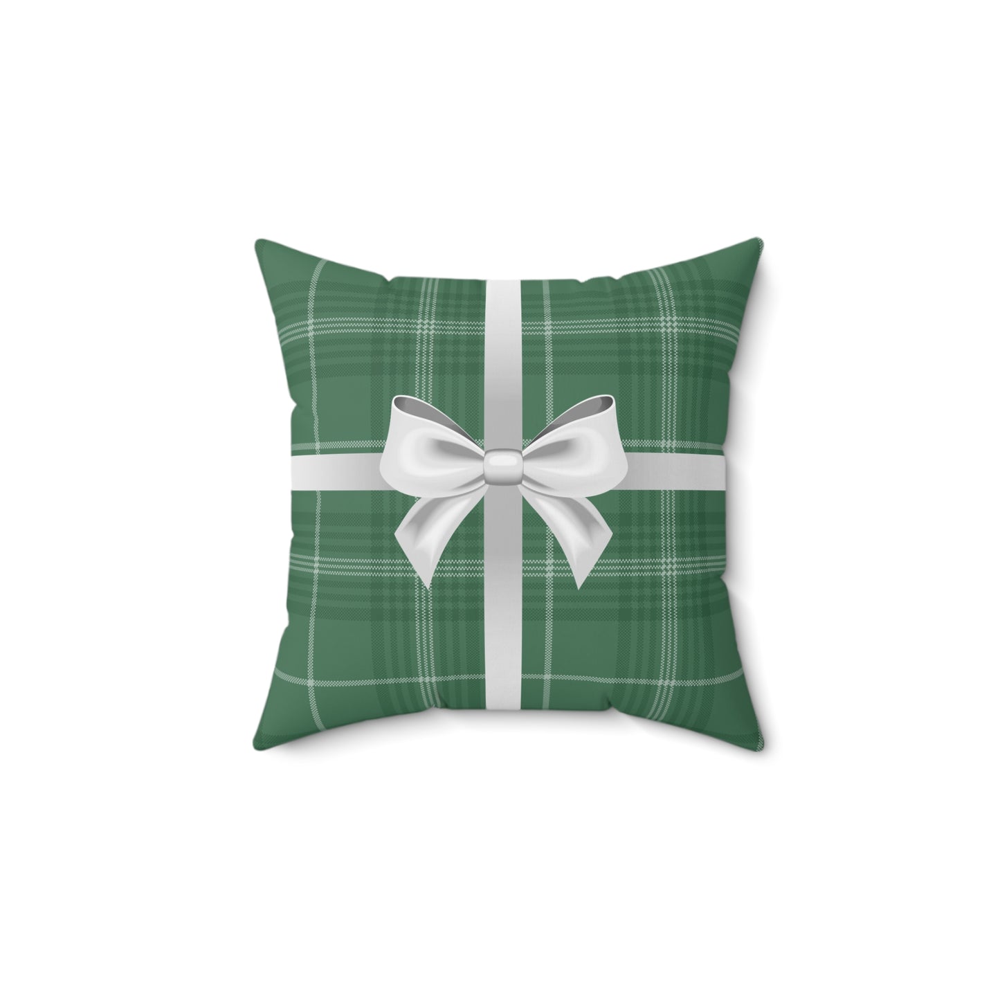 Holiday Gift Throw Pillow, White Bow on Green Plaid Wrapped Present Pillows, Christmas Home Decor Xmas Decorations