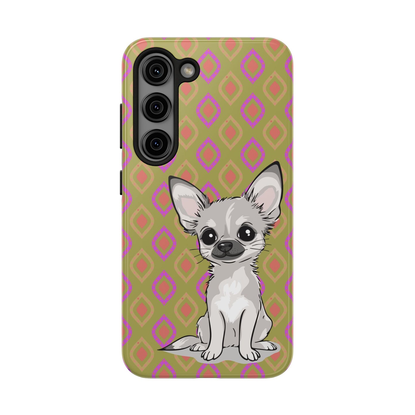 White Chihuahua Puppy Dog Phone Case, Tough Phone Cases Pet Dogs Retro Green  Pattern