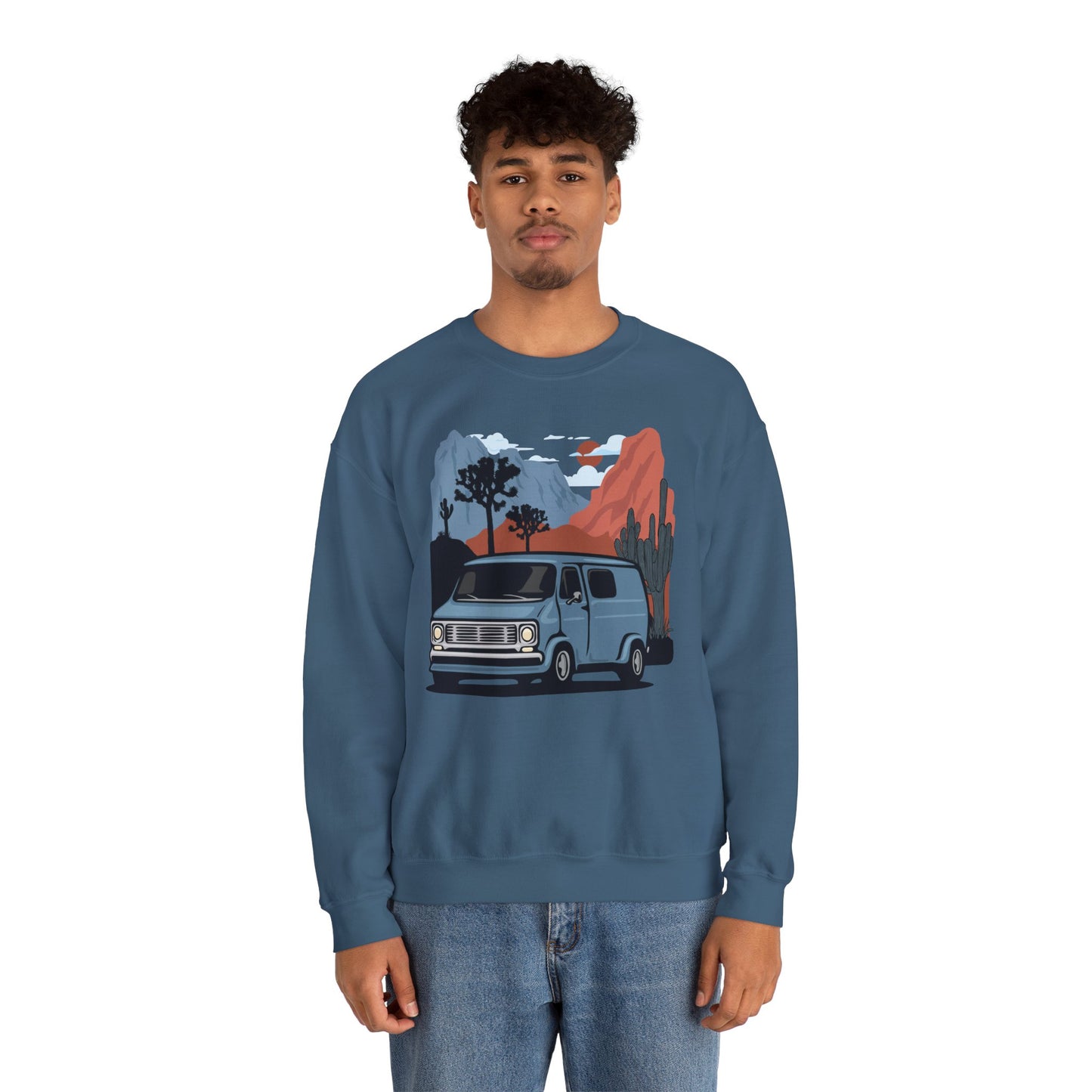 Arizona Desert Vanlife Camper Van Sweatshirt - Long Sleeve Crew Neck Sweater Retro Van in Joshua Tree & Cactus Landscape